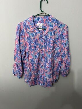 Women’s Stella Parker Linen Floral Blouse Pink Blue Size M Great Deal